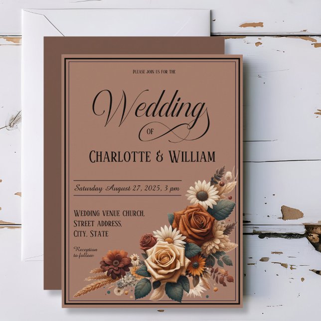 Invitación Elegante guión de boda marrón floral (Subido por el creador)