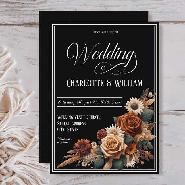 Invitación Elegante guión de boda marrón floral (Subido por el creador)