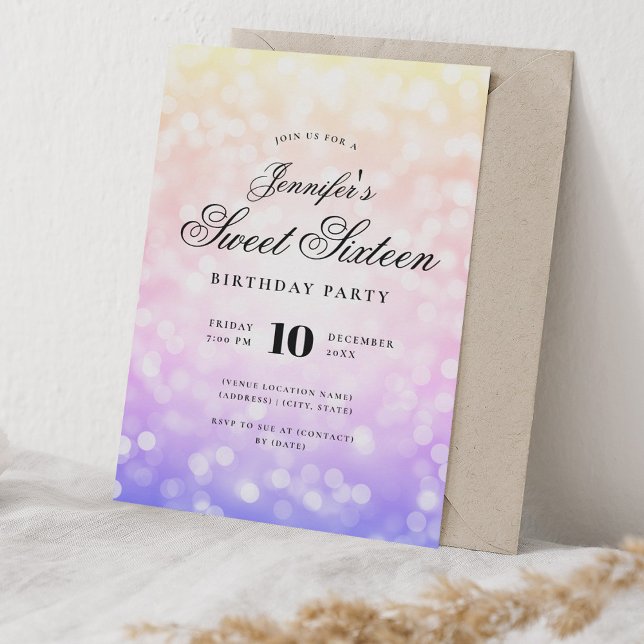 Invitación Elegante guión de bokeh dulce 16 arcoiris naranja (Elegant Bokeh Script Sweet 16 Rainbow Ombre Invitation)