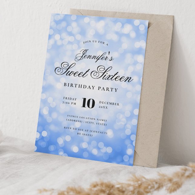 Invitación Elegante guión de bokeh dulce 16 Fiesta Marina Azu (Elegant Bokeh Script Sweet 16 Party Navy Blue Invitation)