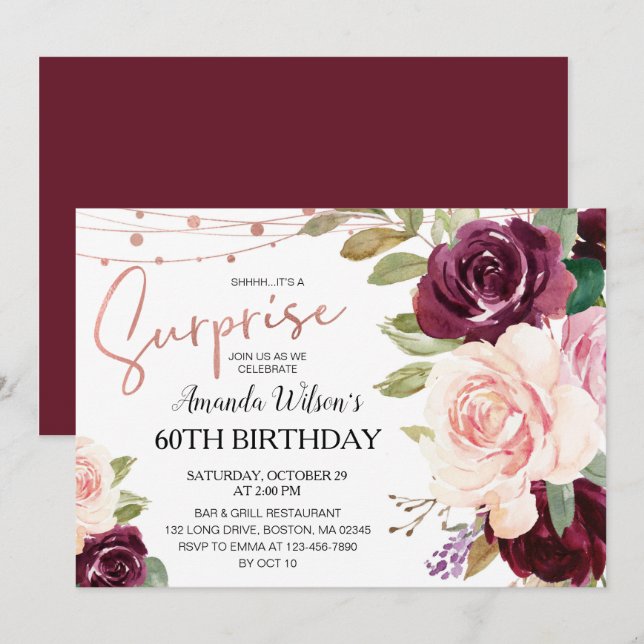 Invitación Elegante guión de Borgoña Sorpresa fiesta de cumpl (Anverso / Reverso)