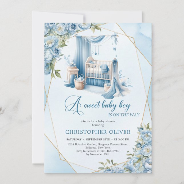 Invitación Elegante guión de caligrafía bebé cuna niño floral (Anverso)