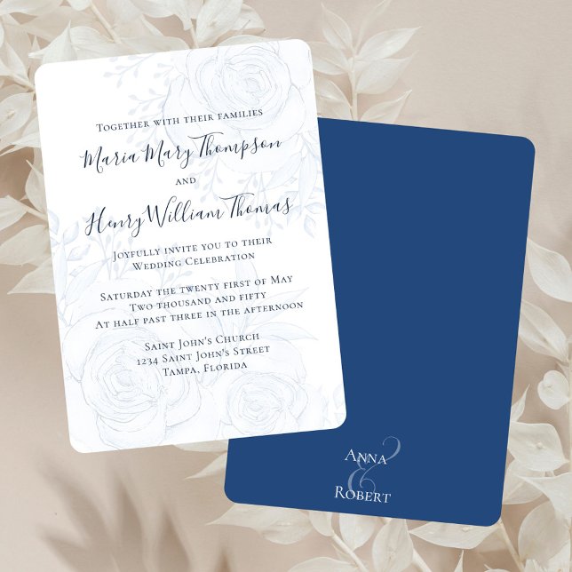 Invitación Elegante guión de caligrafía de vegetación floral  (Elegant blue floral classic wedding invitation with ampersand and names backside. )