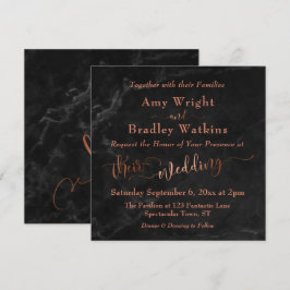 Invitación Elegante guión de cobre con mármol negro | BODA