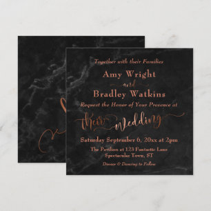 Invitación Elegante guión de cobre con mármol negro   BODA