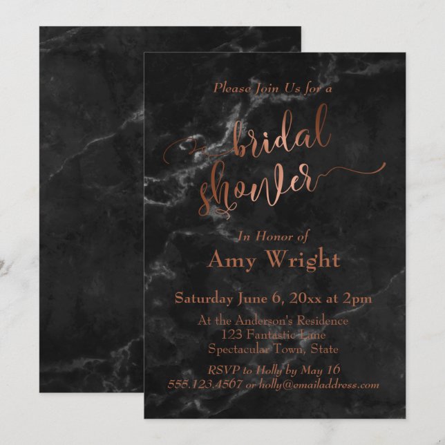 Invitación Elegante guión de cobre ducha de novia Mármol negr (Anverso / Reverso)