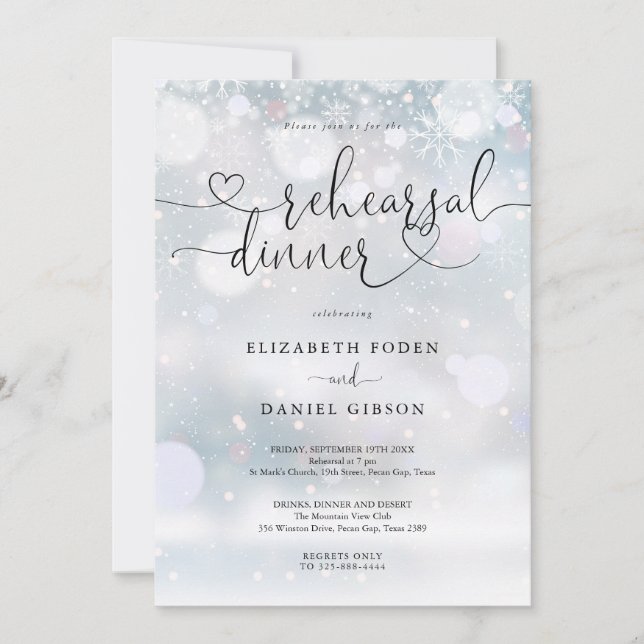 Invitación Elegante guión de corazón Ensayo de invierno cena (Anverso)