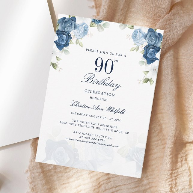 Invitación Elegante guión de cumpleaños 90 de Floral (Elegant Floral 90th Birthday Script Invitation)
