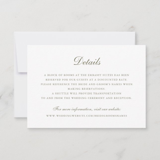 Invitación Elegante guión de detalles del Boda verde oliva (Anverso)