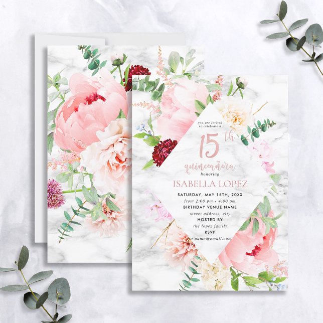 Invitación Elegante Guión De Diamante Floral Rosa Quinceañera (Subido por el creador)