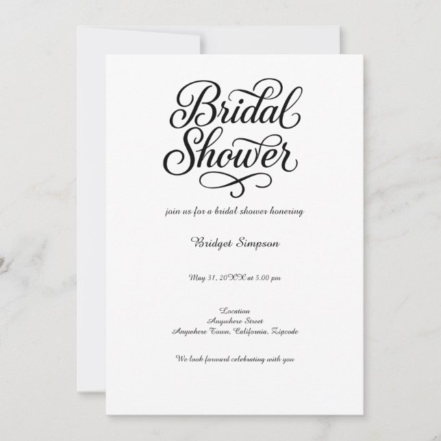 Invitación Elegante guión de ducha de novia en blanco y negro (Anverso)