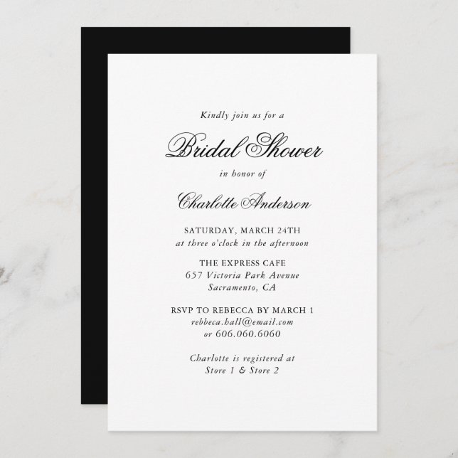 Invitación Elegante guión de ducha de novias en blanco y negr (Anverso / Reverso)