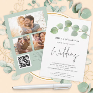 Invitación Elegante guión de eucalipto 3 foto Boda de código 
