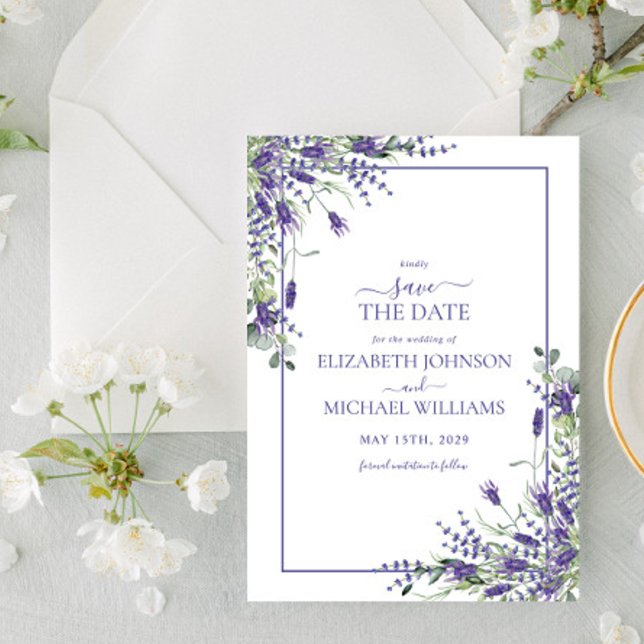 Invitación Elegante guión de flores violetas moradas salva la (Subido por el creador)