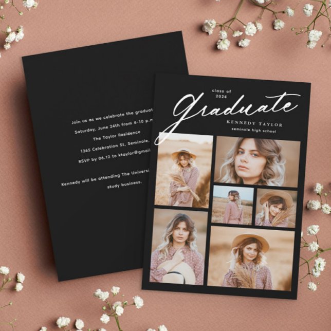 Invitación Elegante guión de graduado 6 collage de fotos Grad (Elegant simple black and white 6 photo collage graduation invitation.)