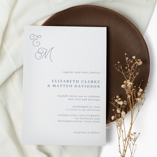 Invitación Elegante guión de monograma Boda azul turbio (Subido por el creador)