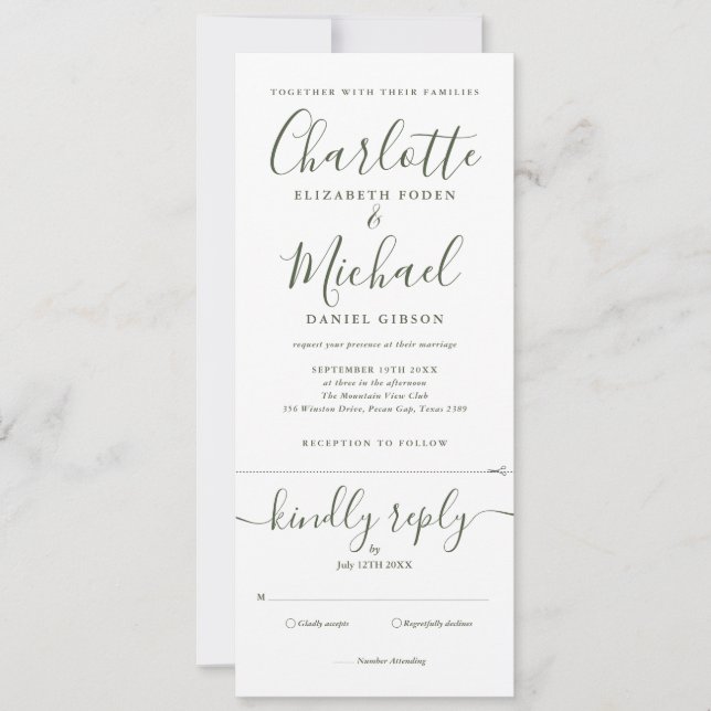Invitación Elegante Guión De Olivo Todo En Un Boda De Fotogra (Anverso)