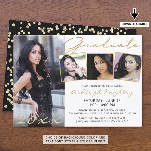 Invitación Elegante Guión de Oro 4 Graduado de Foto Blanco Ne