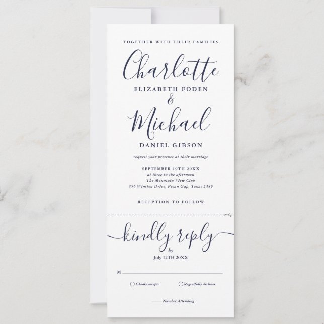 Invitación Elegante Guión De Oro Azul De La Marina En Un Boda (Anverso)