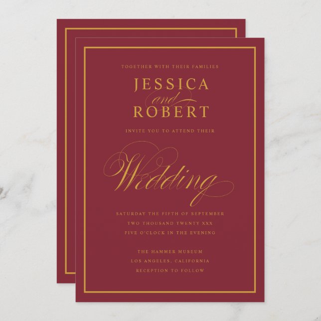 Invitación Elegante guión de oro borde de oro Merlot Borgoña  (Anverso / Reverso)