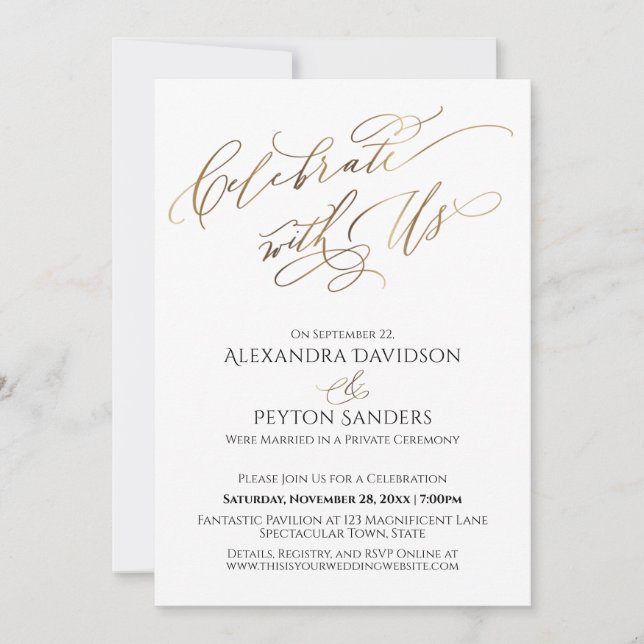 Invitación Elegante Guión de Oro Celebración con Recepción de (Anverso)