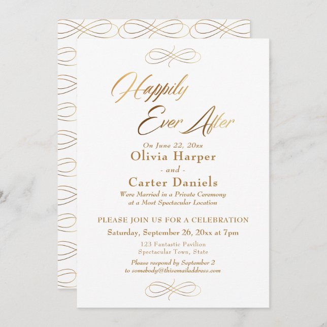 Invitación Elegante Guión De Oro Feliz Desde La Recepción (Anverso / Reverso)