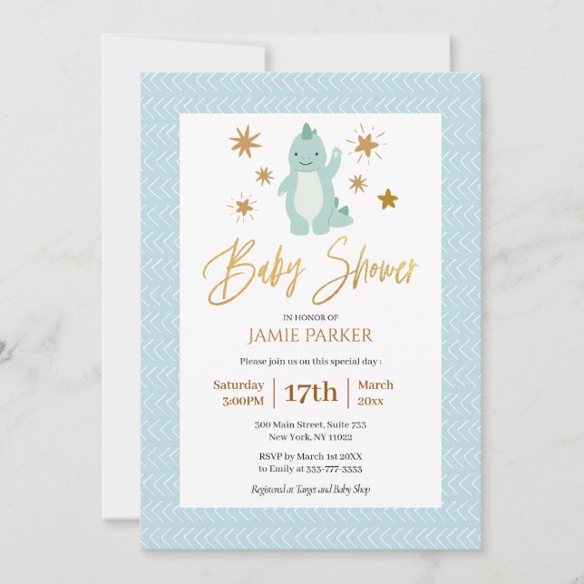 Invitación Elegante guión de oro lindo dinosaurio azul Baby S (Anverso)