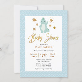 Invitación Elegante guión de oro lindo dinosaurio azul Baby S