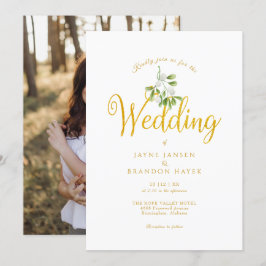 Invitación Elegante Guión de Oro Mistletoe Foto Boda de Invie
