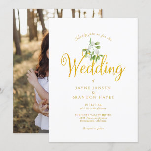 Invitación Elegante guión de oro muérdago foto boda de invier