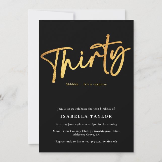 Invitación Elegante guión de oro negro 30 cumpleaños (Anverso)
