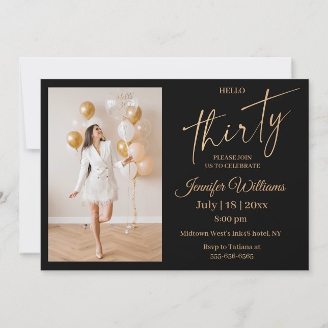 Invitación elegante guión de oro negro de 30 años foto (Anverso)