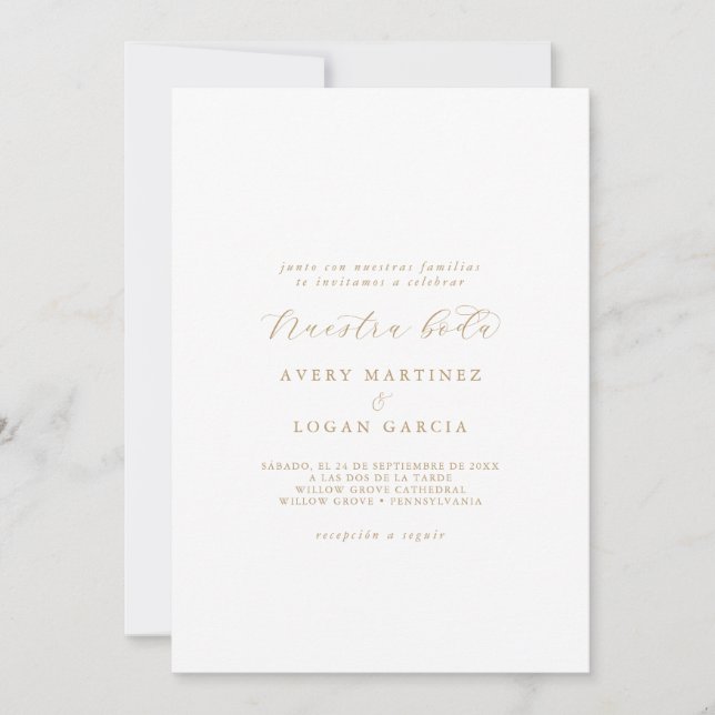 Invitación Elegante Guión de Oro Nuestra Boda Española (Anverso)