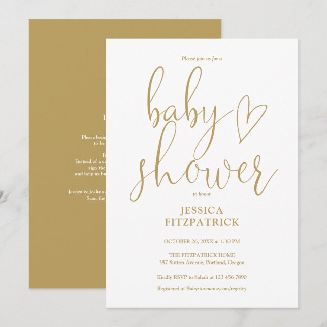 Invitación Elegante Guión De Oro Todo En Un Baby Shower (Anverso / Reverso)
