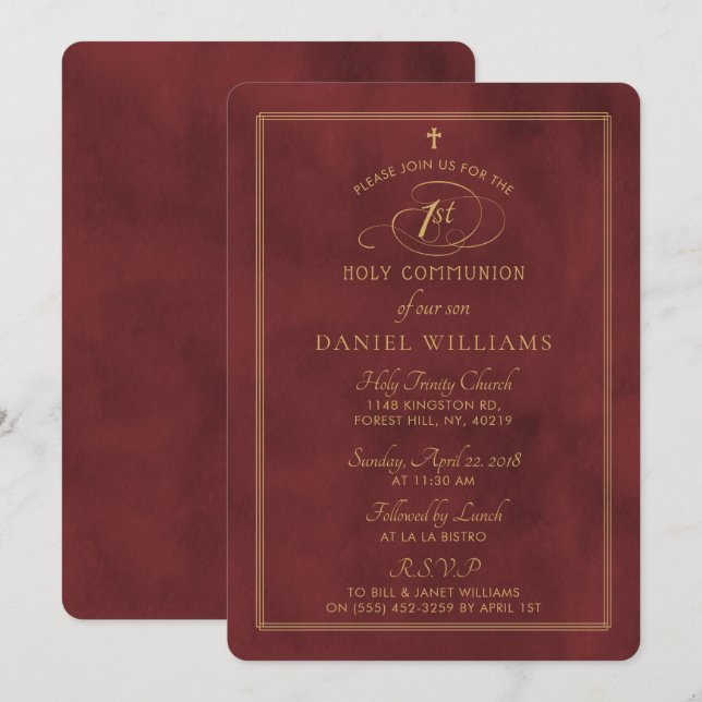 Invitación Elegante Guión de Oro y Rojo Profundo 1ª Santa Com (Anverso / Reverso)