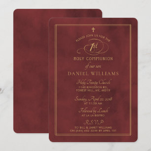 Invitación Elegante Guión de Oro y Rojo Profundo 1ª Santa Com