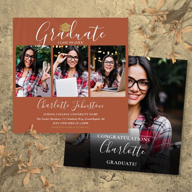 Invitación Elegante Guión de Terracota 4 Fiesta de Graduación (Elegant Terracotta Script 4 Photo Graduation Party Invitation)