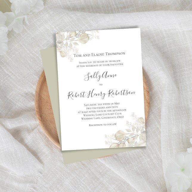 Invitación Elegante guión de verde de bodas (Simple and elegant sage green and cream foliage wedding invitation.)
