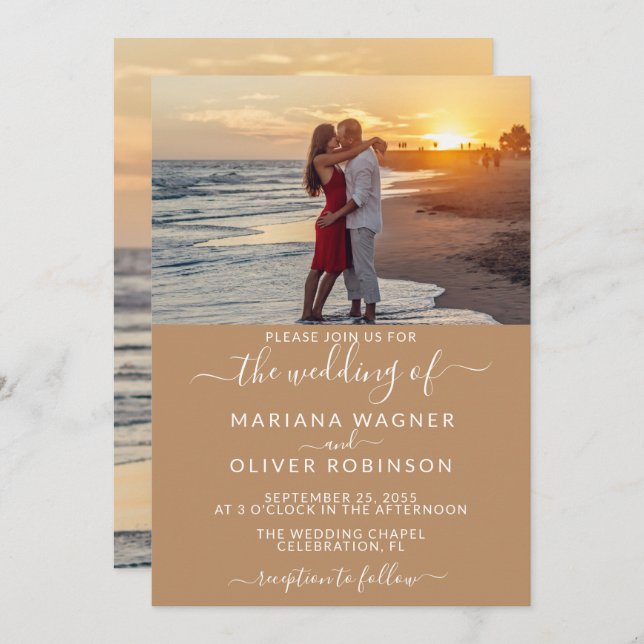 Invitación Elegante guión del Boho Tan Beige Boda (Anverso / Reverso)