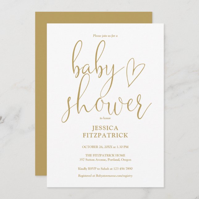 Invitación Elegante Guión del Corazón Oro Baby Shower (Anverso / Reverso)