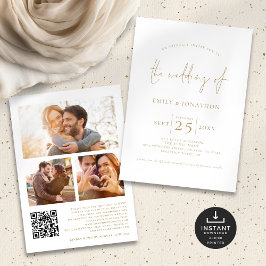 Invitación Elegante Guión Dorado 3 Fotos Boda de código QR