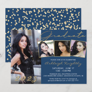 Invitación Elegante guión dorado azul 4 Graduado de fotos