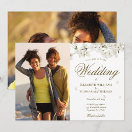 Invitación Elegante guión dorado blanco florecimiento 2 foto