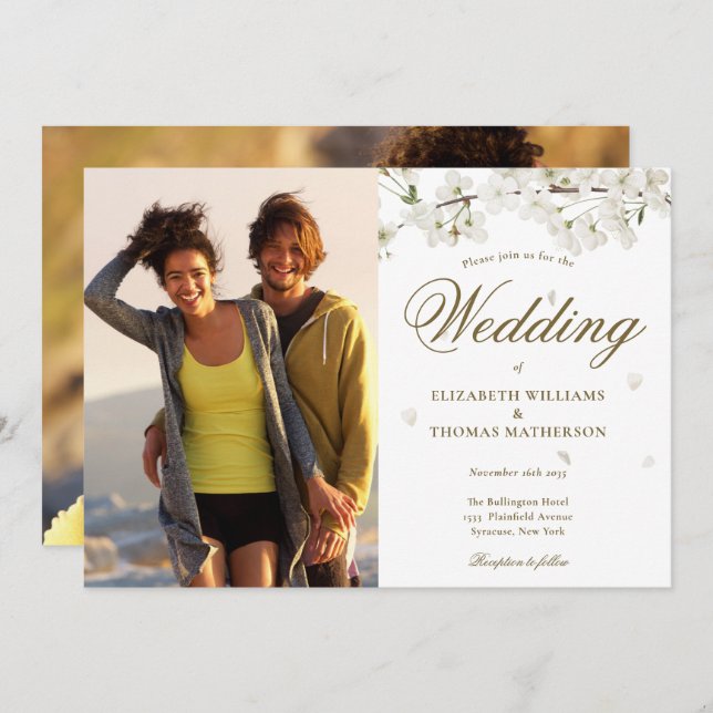 Invitación Elegante guión dorado blanco florecimiento 2 foto (Anverso / Reverso)
