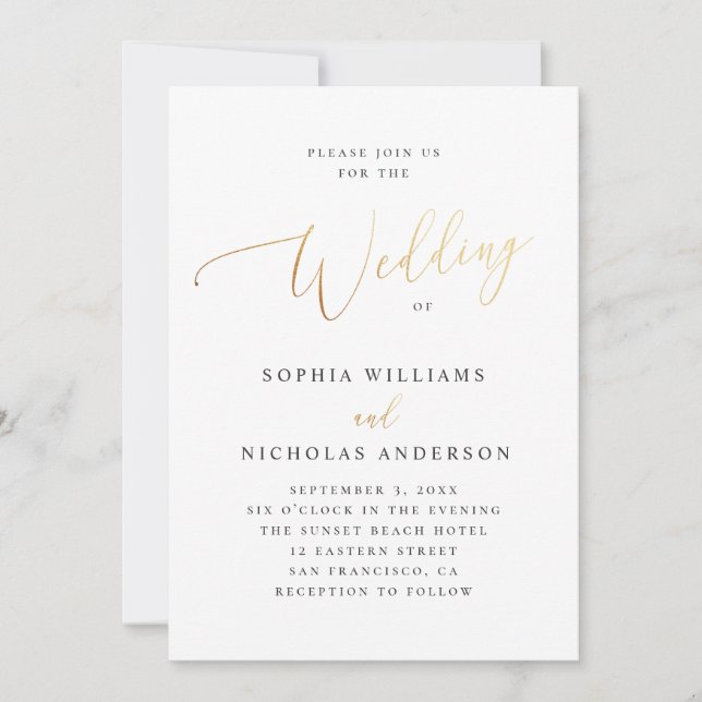 Invitación Elegante guión dorado | Boda clásico tradicional (Anverso)