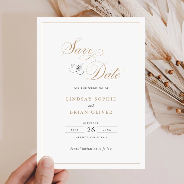 Invitación Elegante guión Dorado Boda moderna Guardar la fech (Subido por el creador)