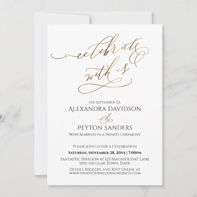 Invitación Elegante guion dorado Celebre con nosotros Recepci (Anverso)