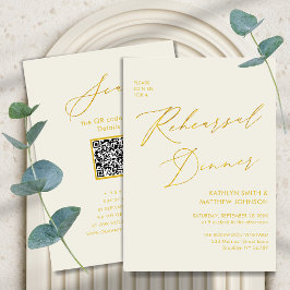 Invitación Elegante guión dorado Crema ensayo Cena código QR
