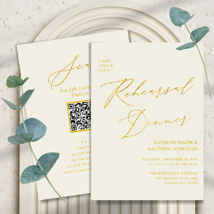 Invitación Elegante guión dorado Crema ensayo Cena código QR