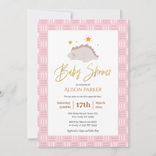Invitación Elegante Guión Dorado Cute Dinosaurio Rosa Baby Sh (Anverso)